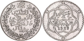 Morocco 10 Dirhams / 1 Rial 1911 AH 1329

Y# 25, N# 8400; Silver; Abd al-Hafiz; Paris Mint; XF