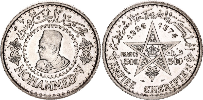 Morocco 500 Francs 1956 AH 1376

Y# 54, N# 8403; Silver; Mohammed V; Paris Min...