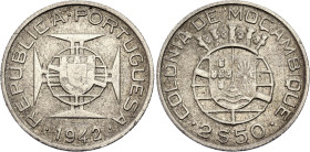 Mozambique 2-1/2 Escudos 1942

KM# 68, N# 14043; Silver; Portuguese Colony; XF