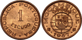 Mozambique 1 Escudo 1957

KM# 82, N# 5951; Bronze; Portuguese Colony; UNC with full red mint luster & few hairlines