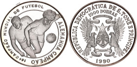 Saint Thomas & Prince 1000 Dobras 1990

KM# 48, N# 98252; Silver., Proof; FIFA World Cup, Italy 1990 - Germany is the 14th World Champion; With a ni...