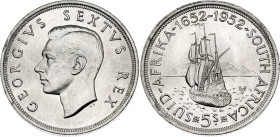 South Africa 5 Shillings 1952

KM# 41, N# 12759; Silver; George VI; 300th Anniversary of the founding of Capetown; Pretoria Mint; UNC with mint lust...