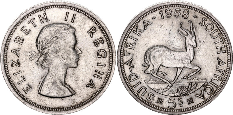 South Africa 5 Shillings 1958

KM# 52, N# 11621; Silver; Elizabeth II; XF