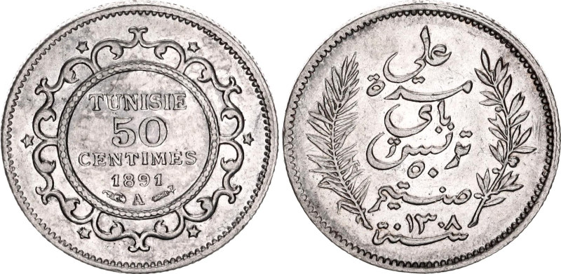 Tunisia 50 Centimes 1891 A AH 1308

KM# 223, N# 11214; Silver; Ali III; Paris ...