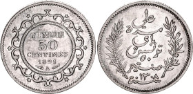 Tunisia 50 Centimes 1891 A AH 1308

KM# 223, N# 11214; Silver; Ali III; Paris Mint; XF