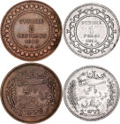 Tunisia 5 Centimes - 1 Franc 1911 - 1916 A AH 1329-1334

KM# 235, 238; Bronze & Silver; Muhammad V; Paris Mint; XF