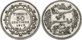 Tunisia 50 Centimes 1917 A AH 1335

KM# 237, Lec# 166, N# 11222; Silver; Muhammad V; Paris Mint; UNC with minor hairlines