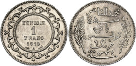 Tunisia 1 Franc 1915 A AH 1334

KM# 238, Lec# 217, N# 11223; Silver; Muhammad V; Paris Mint; UNC with mint luster & nice toning