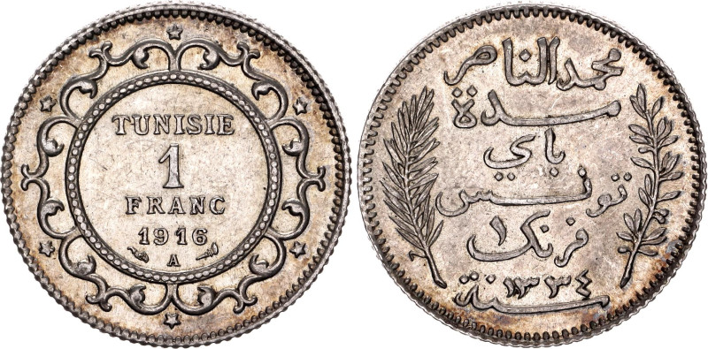 Tunisia 1 Franc 1916 A AH 1334

KM# 238, Lec# 218, N# 11223; Silver; Muhammad ...