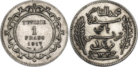 Tunisia 1 Franc 1917 A AH 1335

KM# 238, Lec# 220, N# 11223; Silver; Muhammad V; Paris Mint; AUNC/UNC with mint luster & nice toning