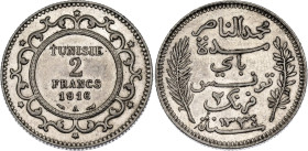 Tunisia 2 Franсs 1916 A AH 1334

KM# 239, Lec# 275, N# 11224; Silver; Muhammad V; Paris Mint; UNC- with full mint luster