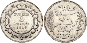 Tunisia 2 Francs 1916 A AH 1335

KM# 239, N# 11224; Silver; Muhammad V; Paris Mint; UNC with full mint luster & minor hairlines