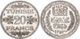 Tunisia 20 Francs 1935 AH 1353

KM# 263, Lec# 364, N# 6039; Silver; Ahmad II; Paris Mint; XF