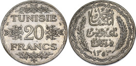 Tunisia 20 Francs 1935 AH 1353

KM# 263, Lec# 364, N# 6039; Silver; Ahmad II; Paris Mint; XF+