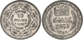 Tunisia 10 Francs 1939 AH 1358

KM# 265, Lec# 334, N# 10416; Silver; Ahmad II; Paris Mint; XF/AUNC