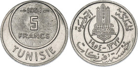 Tunisia 5 Francs 1954 AH 1373

KM# 277, Schön# 194, N# 1210; Copper-nickel; Muhammad VIII; Paris Mint; UNC with mint luster