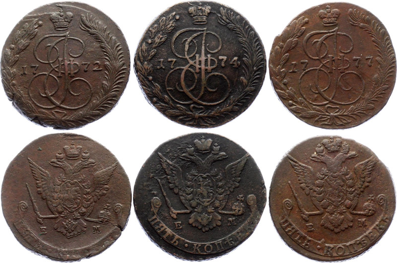 Russia 3 x 5 Kopeks 1772 - 1777 EM

Bit# 621, 623a, 626; Copper; XF-/XF