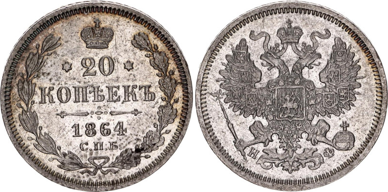 Russia 20 Kopeks 1864 СПБ НФ

Bit# 177, Conros# 146/28, N# 16990; Silver 4.05 ...