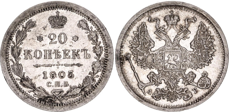 Russia 20 Kopeks 1905 СПБ АР

Bit# 105, Conros# 146/80, N# 6221; Silver 3.62 g...