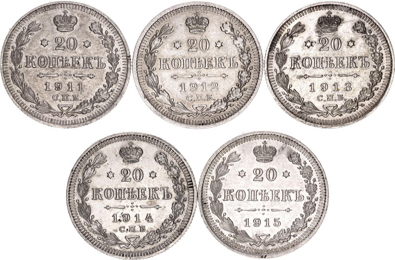 Russia 5 x 20 Kopeks 1911 - 1915

Silver., Total weight: 17.56 g; AUNC