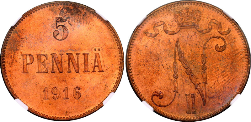 Russia - Finland 5 Pennia 1916 NGC MS63 RB

Bit# 456, KM# 15, N# 7455; Copper;...