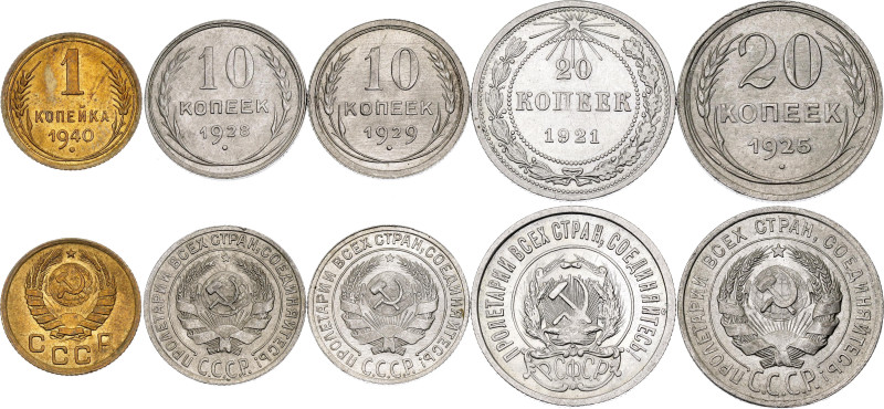 Russia - USSR Lot of 5 Coins 1921 - 1940

Y# 82, 86, 88, 105; Mostly Silver; 1...