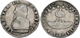 Bolivia 1/2 Sol 1830 PTS JL

KM# 93.2a, N# 22118; Silver; Potosi Mint; VF+