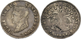 Bolivia 4 Soles 1854 PTS MF

KM# 123.2, N# 23934; Silver; Potosi Mint; VF+