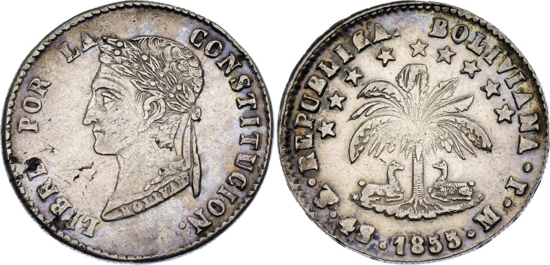 Bolivia 4 Soles 1855 PTS MJ

KM# 123.2, N# 23934; Silver; Potosi Mint; XF/AUNC...