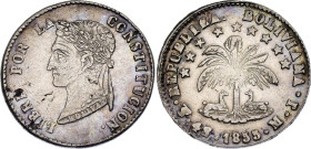 Bolivia 4 Soles 1855 PTS MJ

KM# 123.2, N# 23934; Silver; Potosi Mint; XF/AUNC, flan def error