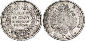 Bolivia 1/2 Boliviano / 50 Centavos 1873 PTS FE

KM# 161.1, N# 26167; "12 GS. 500 MS. 9 DS. FINO"; Silver; Potosi Mint; XF+