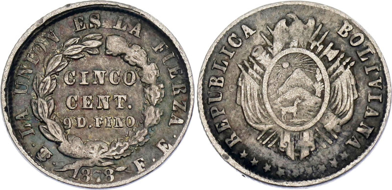 Bolivia 5 Centavos 1878 PTS FE

KM# 157.1, N# 4315; Silver; Potosi Mint; XF