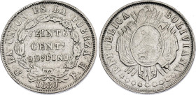 Bolivia 20 Centavos 1880 PTS FE

KM# 159.1, N# 4317; Silver; Potosi Mint; XF+