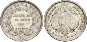 Bolivia 1/2 Boliviano / 50 Centavos 1891 PTS CB

KM# 161.5, N# 26167; Lettering without weight; Silver; Potosi Mint; XF+