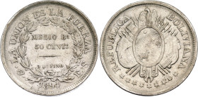 Bolivia 1/2 Boliviano / 50 Centavos 1894 PTS ES

KM# 161.5, N# 26167; Lettering without weight; Silver; Potosi Mint; XF+