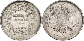 Bolivia 1/2 Boliviano / 50 Centavos 1896 PTS ES

KM# 161.5, N# 26167; Lettering without weight; Silver; Potosi Mint; XF