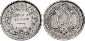 Bolivia 1/2 Boliviano / 50 Centavos 1897 PTS CB

KM# 161.5, N# 26167; Lettering without weight; Silver; Potosi Mint; UNC