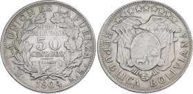 Bolivia 1/2 Boliviano / 50 Centavos 1904 PTS MM

KM# 175.1, N# 13424; Silver; Potosi Mint; XF