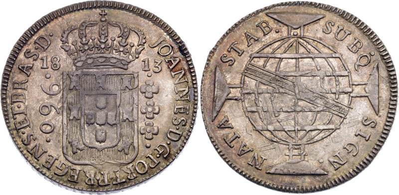 Brazil 960 Reis 1813 B

KM# 307.1, N# 23668; Silver; Joao; Bahia Mint; UNC