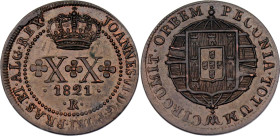 Brazil 20 Reis 1821 R

KM# 316.1, N# 20873; Copper; John VI; Rio de Janeiro Mint; UNC with a beautiful patina