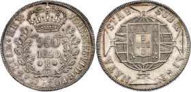 Brazil 960 Reis 1820 R

KM# 326.1, N# 28705; Silver; Joao VI; Rio de Janeiro Mint; UNC with mint luster & minor hairlines