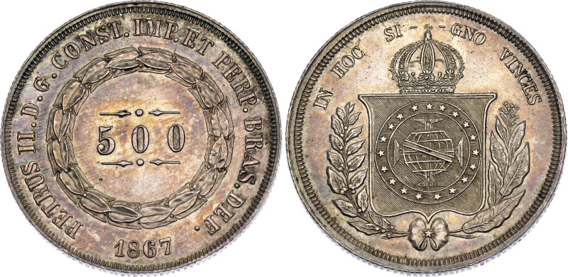 Brazil 500 Reis 1867

KM# 464, N# 3673; Silver; Pedro II; UNC with amazing ton...