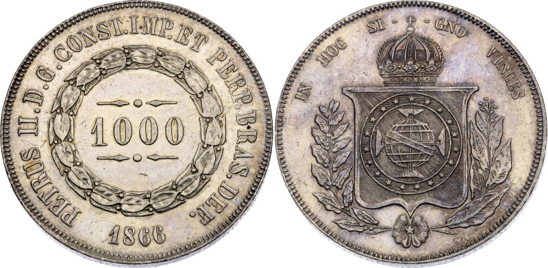 Brazil 1000 Reis 1866

KM# 465, N# 3671; Silver; Pedro II; XF/AUNC with hairli...