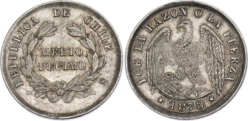 Chile 1/2 Decimo 1878 So

KM# 137.2, N# 35385; Silver; UNC with full mint lust...