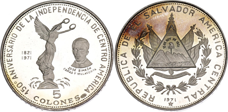 El Salvador 5 Colones 1971

KM# 142, N# 38949; Silver., Proof; 150th Anniversa...