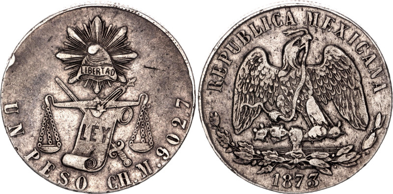 Mexico 1 Peso 1873 CH M Overdate

KM# 408, N# 15043; Silver; Chihuahua Mint; X...