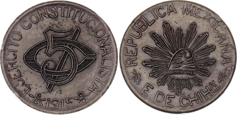 Mexico Chihuahua 5 Centavos 1915 Rare

KM# 613, N# 33961; Copper; Constitution...