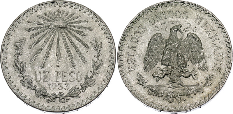 Mexico 1 Peso 1933 M

KM# 455, N# 4382; Silver; Mexico Mint; UNC with mint lus...