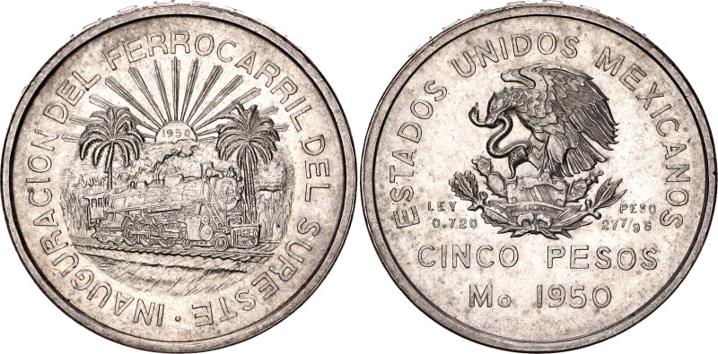 Mexico 5 Pesos 1950 Mo

KM# 466, N# 18759; Silver; Opening of the Southeastern...