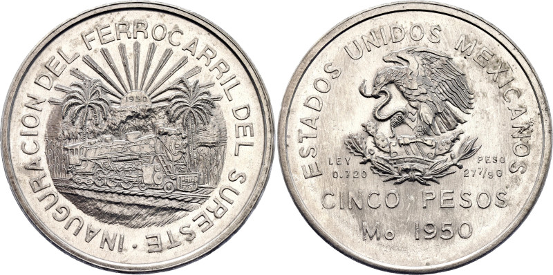 Mexico 5 Pesos 1950

KM# 466, N# 18759; Silver; Opening of the Southeastern Ra...